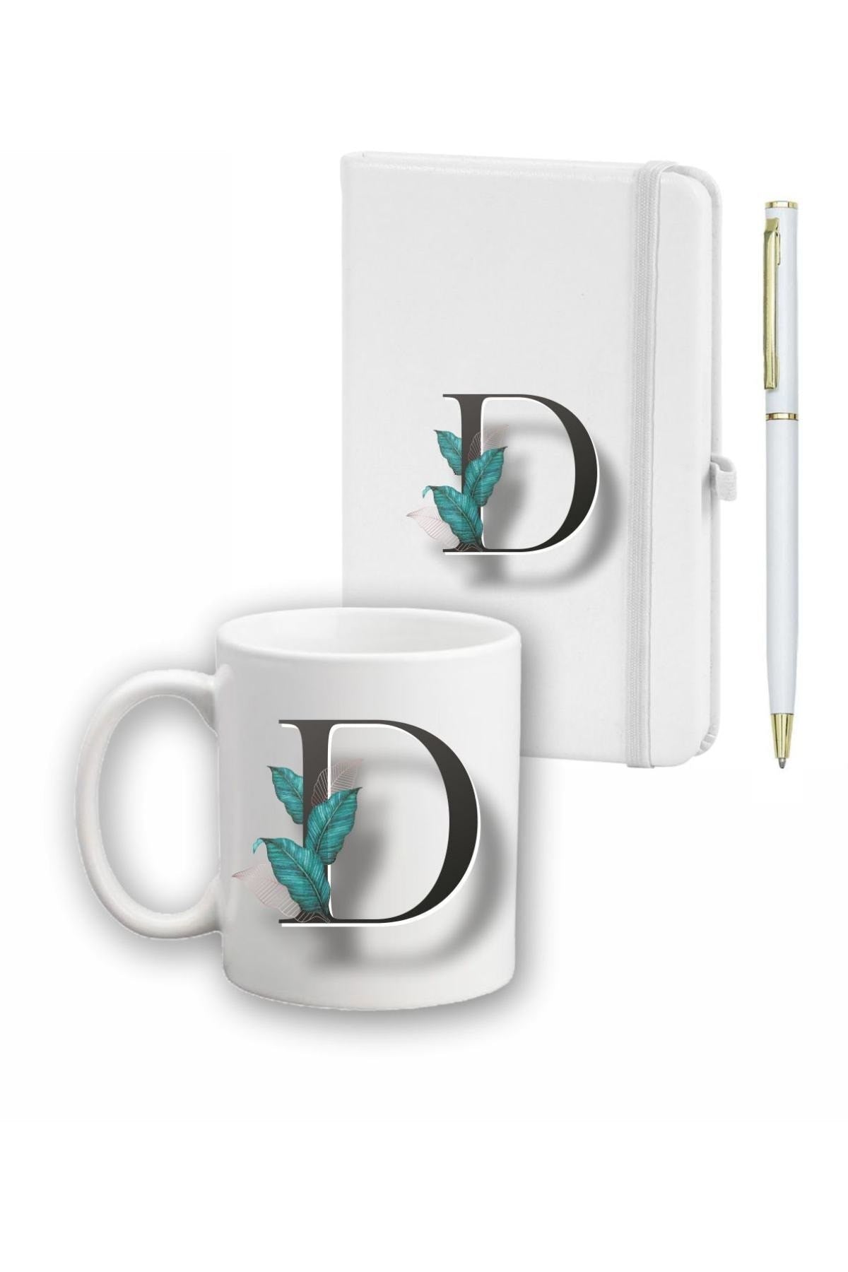 Beyaz Yaprak Desenli Ajanda Kupa ve Kalem Seti