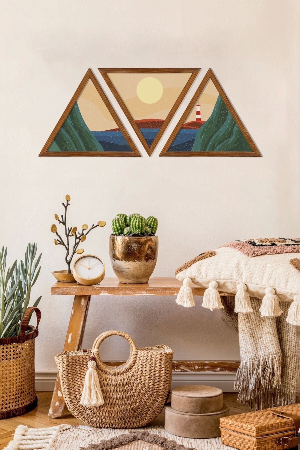 Dekoratif Üçgen Çerçeveli Ahşap Tablo Set 35 x 40