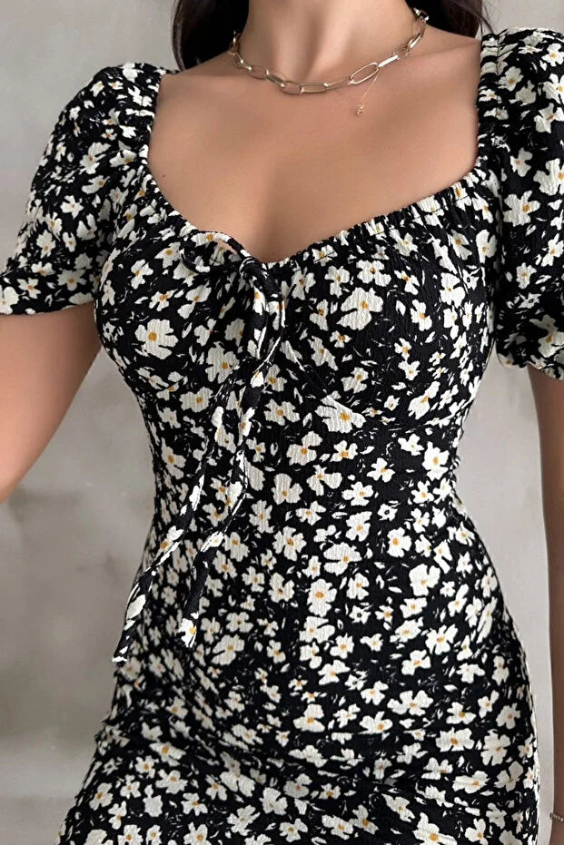 Papatya Desen Karpuz Kol Siyah Elbise