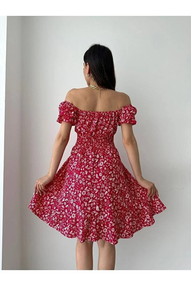 Kayık Yaka Çiçek Desenli Bürümcük Mini Elbise – Kırmızı