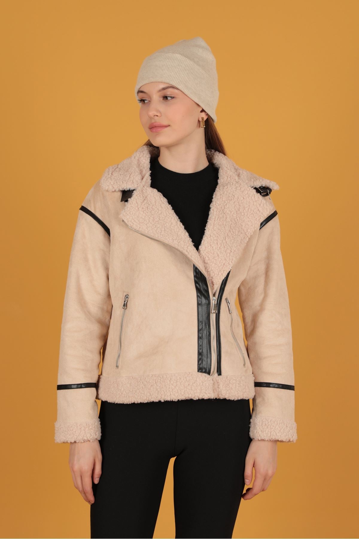 Süet Kıvırcık Kumaş Motorcu Taş Rengi Mont