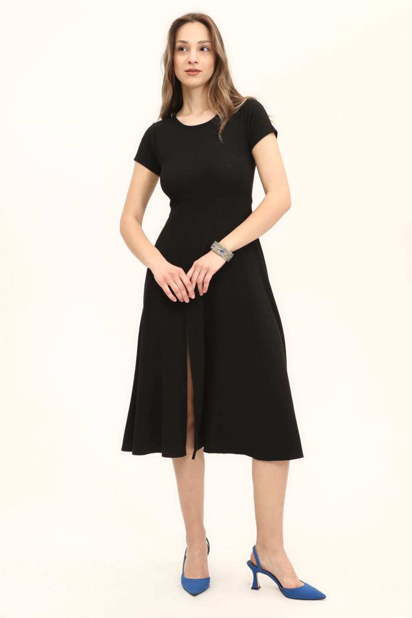 Kadın Renkli Belden Oturma Eteği Yırtmaçlı Salaş Elbise