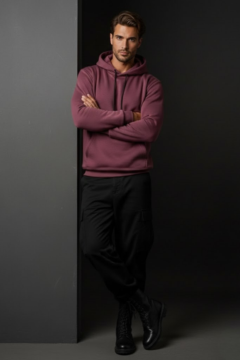 Unisex Kışlık Mürdüm Rengi Üç İplik Şardonlu Pamuklu Kalın Kapüşonlu Hoodie Sweatshirt