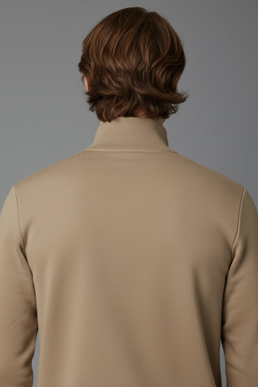 Unisex Kışlık Açık Kahve Yarım Fermuarlı Dik Yaka 2 İplik Basic Sweatshirt