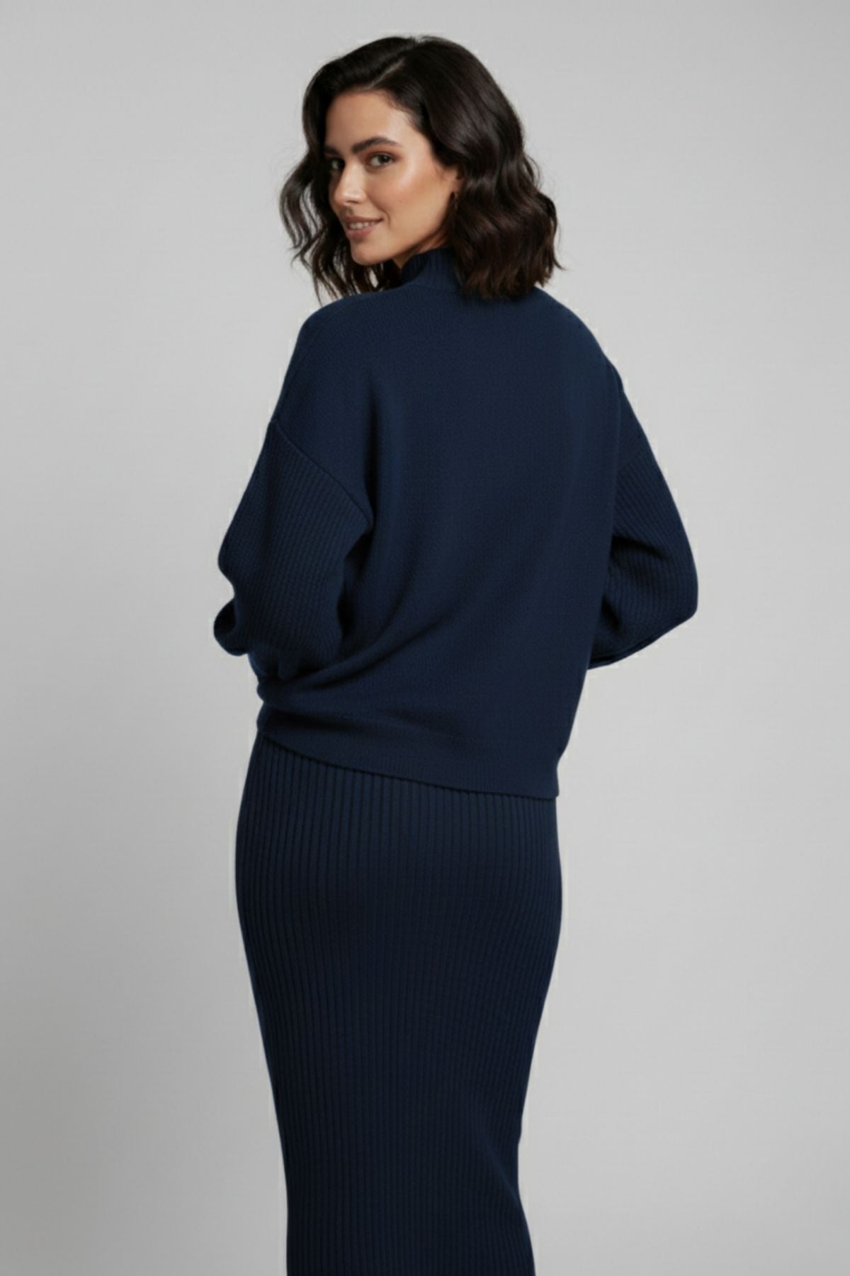 Triko Lacivert Kazak ve Fitilli Elbise İkili Takım