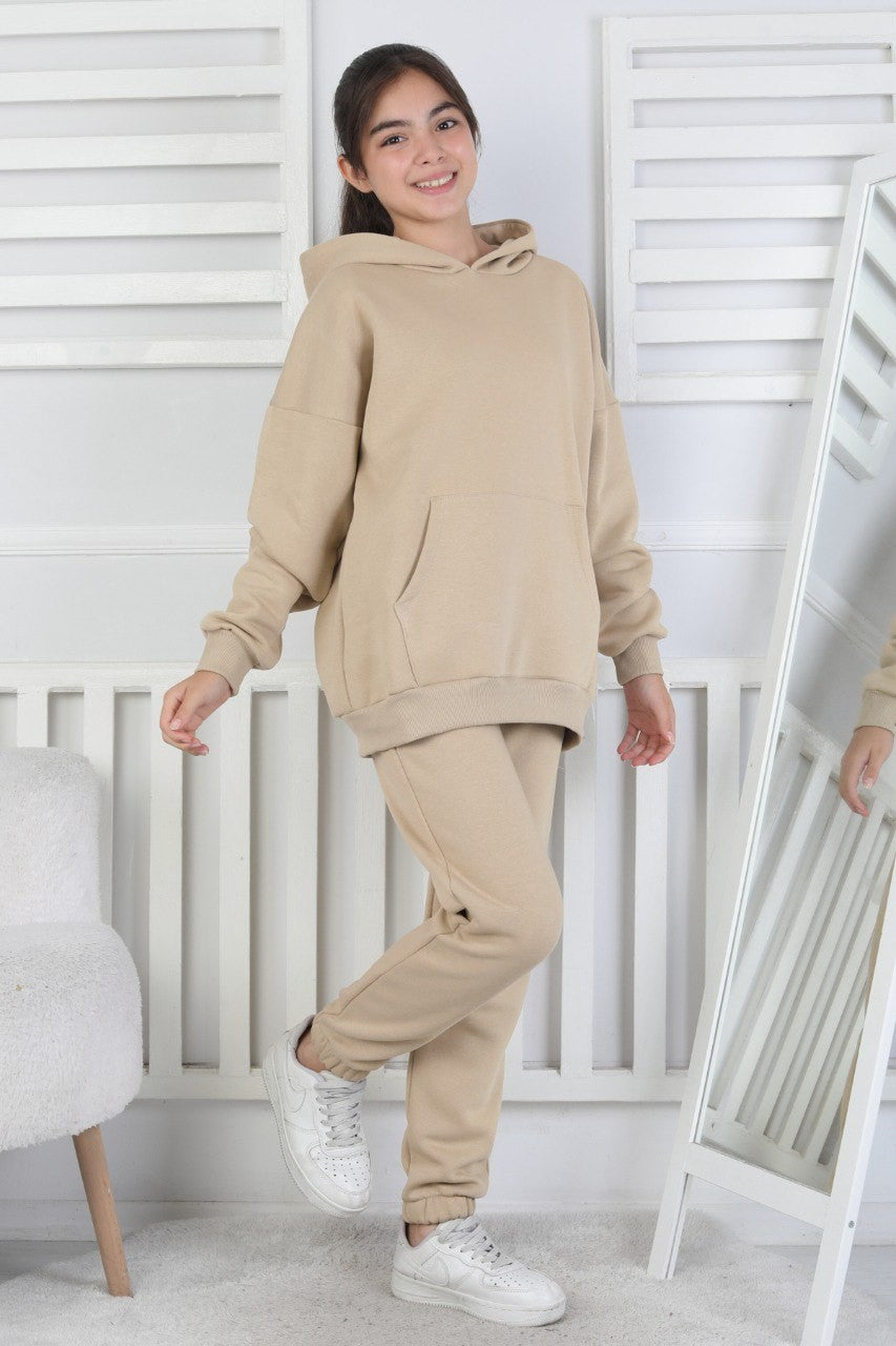 Şardonlu 3 İplik Kapşonlu Kız Çocuk Takım