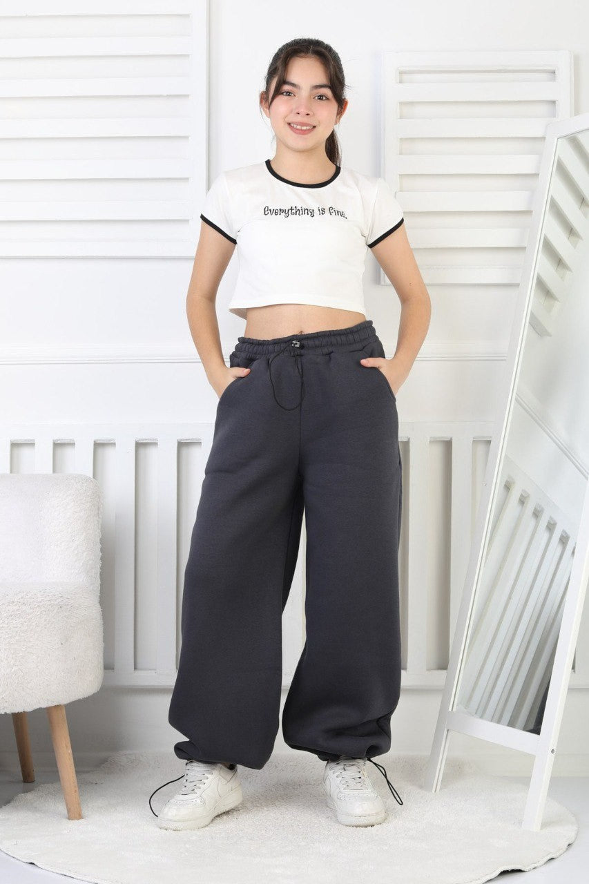 Şardonlu 3 İplik Paça Sıkmalı Kız Çocuk Eşofman Altı