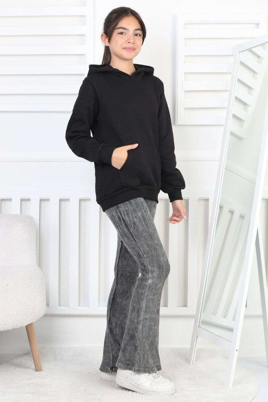 Şardonlu 3 İplik Kapşonlu Kız Çocuk Sweatshirt