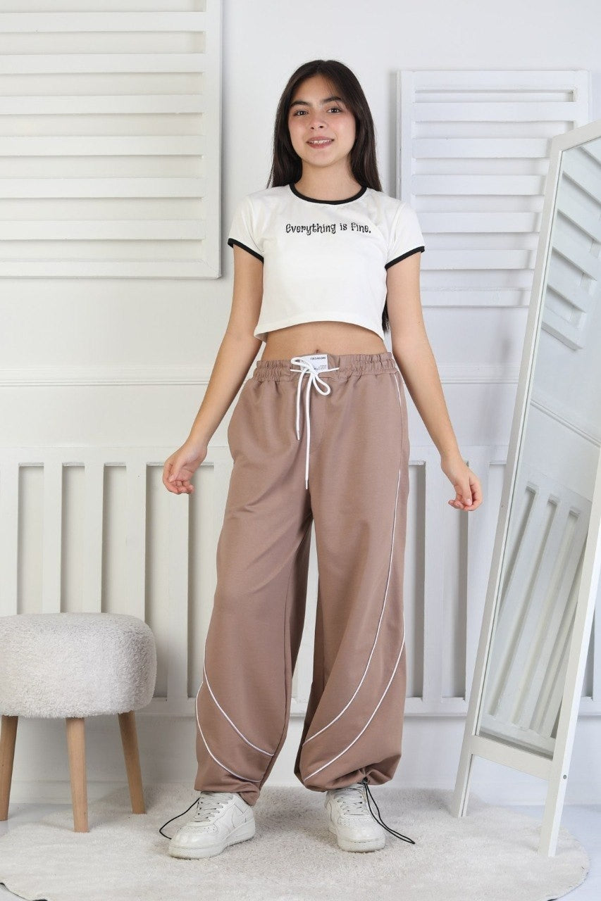 İki İplik Baskılı Çapraz Çizgili Kız Çocuk Eşofman Altı