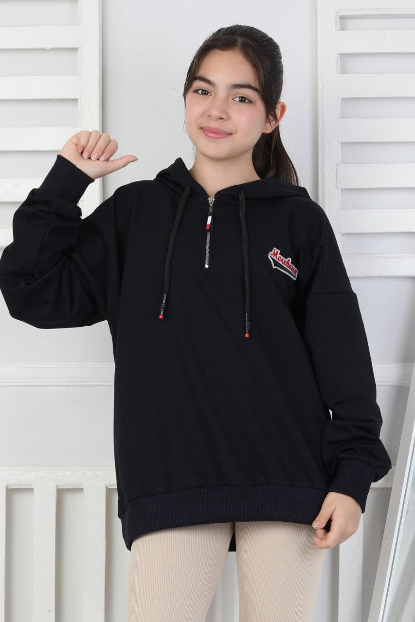 Baskılı Fermuarlı Kapüşonlu Kız Çocuk Sweatshirt