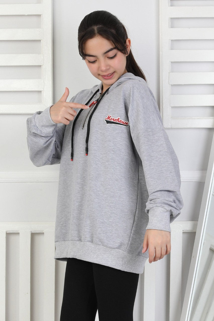 Baskılı Fermuarlı Kapüşonlu Kız Çocuk Sweatshirt