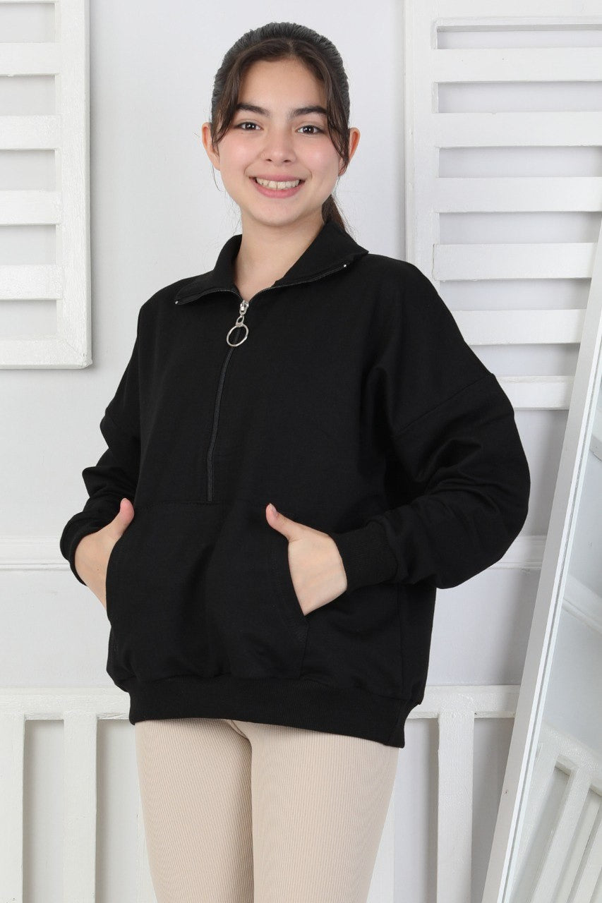 Yarım Fermuarlı Kapüşonlu Kız Çocuk Sweatshirt