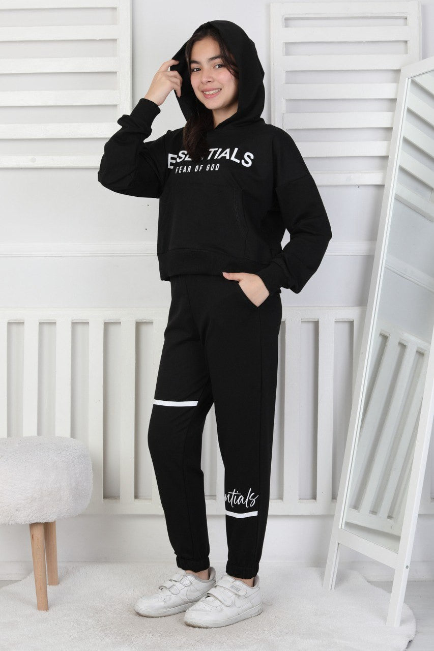 İki İplik Kapüşonlu Baskılı Kız Çocuk Takım