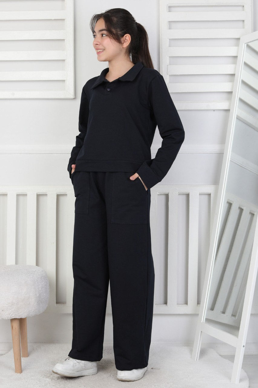 Yakalı Cepli Bol Paça Kız Çocuk Takım