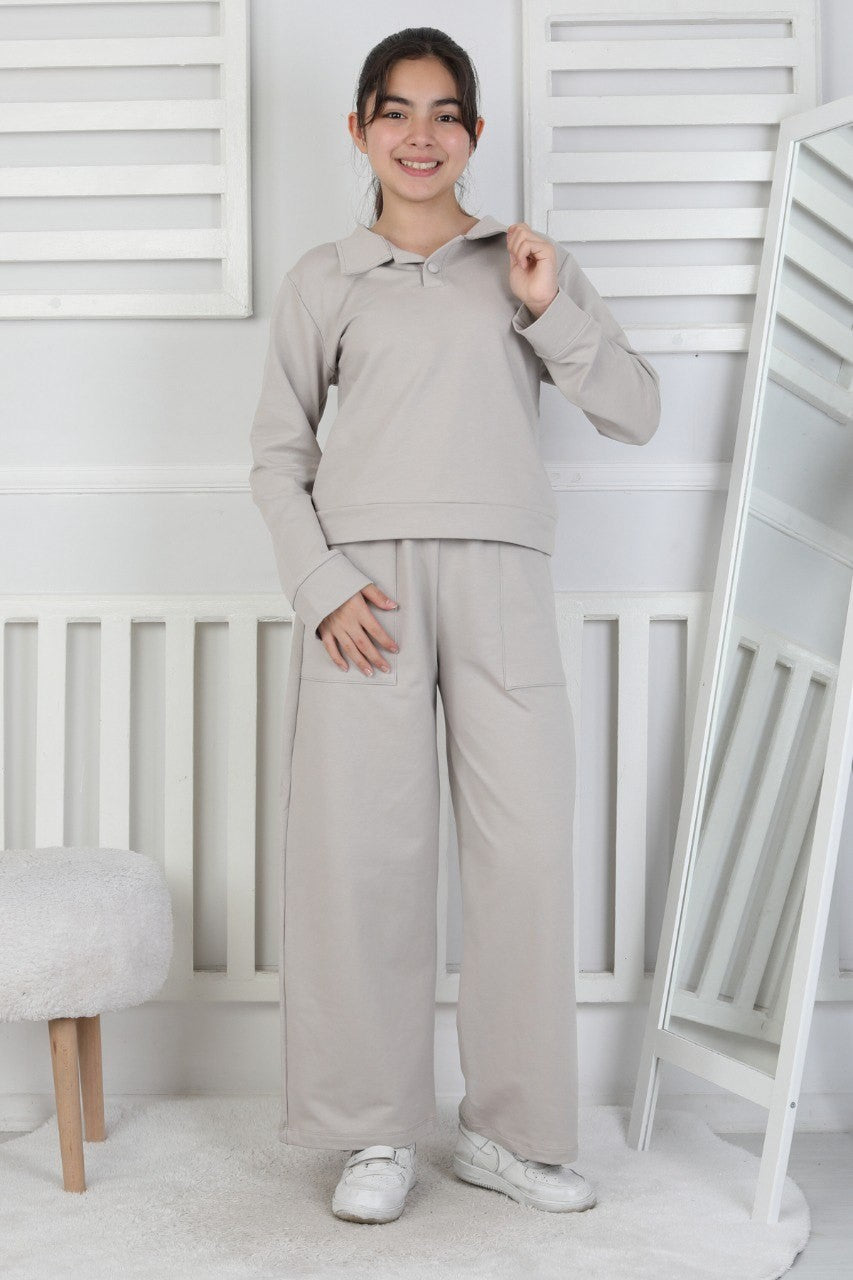 Yakalı Cepli Bol Paça Kız Çocuk Takım