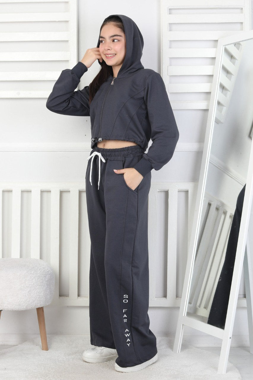 Kapüşonlu Fermuarlı Bol Paça Kız Çocuk Takım