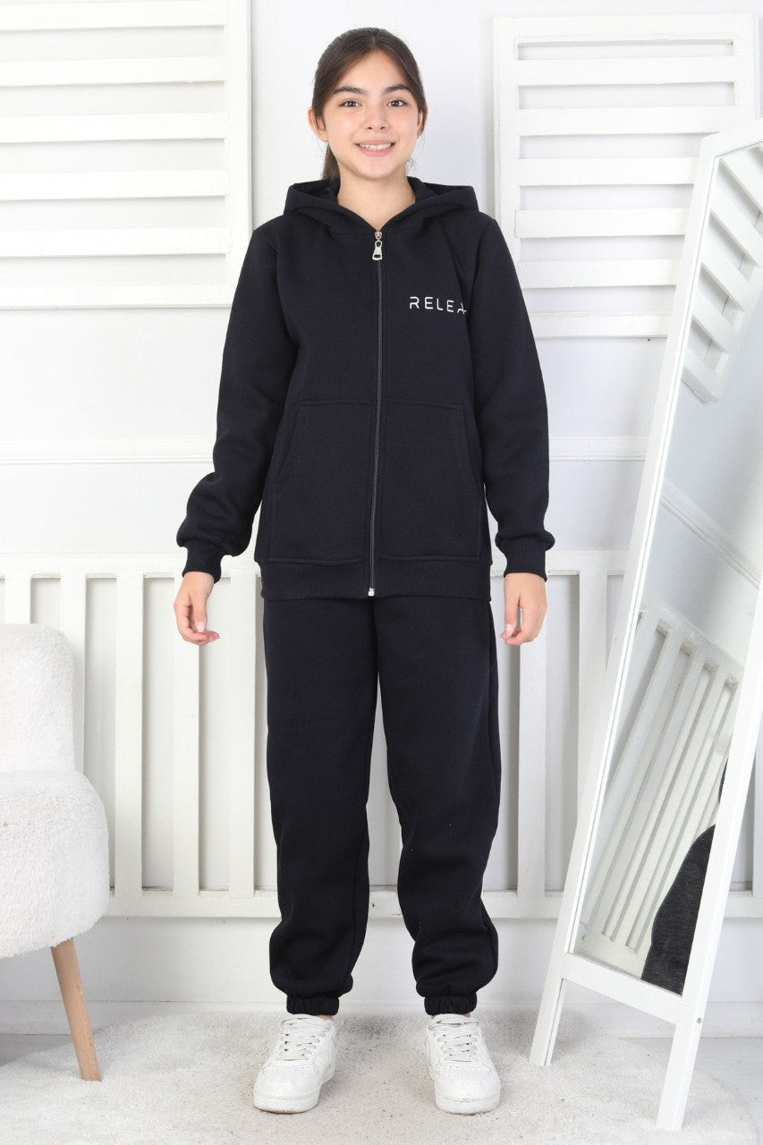 Şardonlu 3 İplik Kapşonlu Baskılı Kız Çocuk Takım