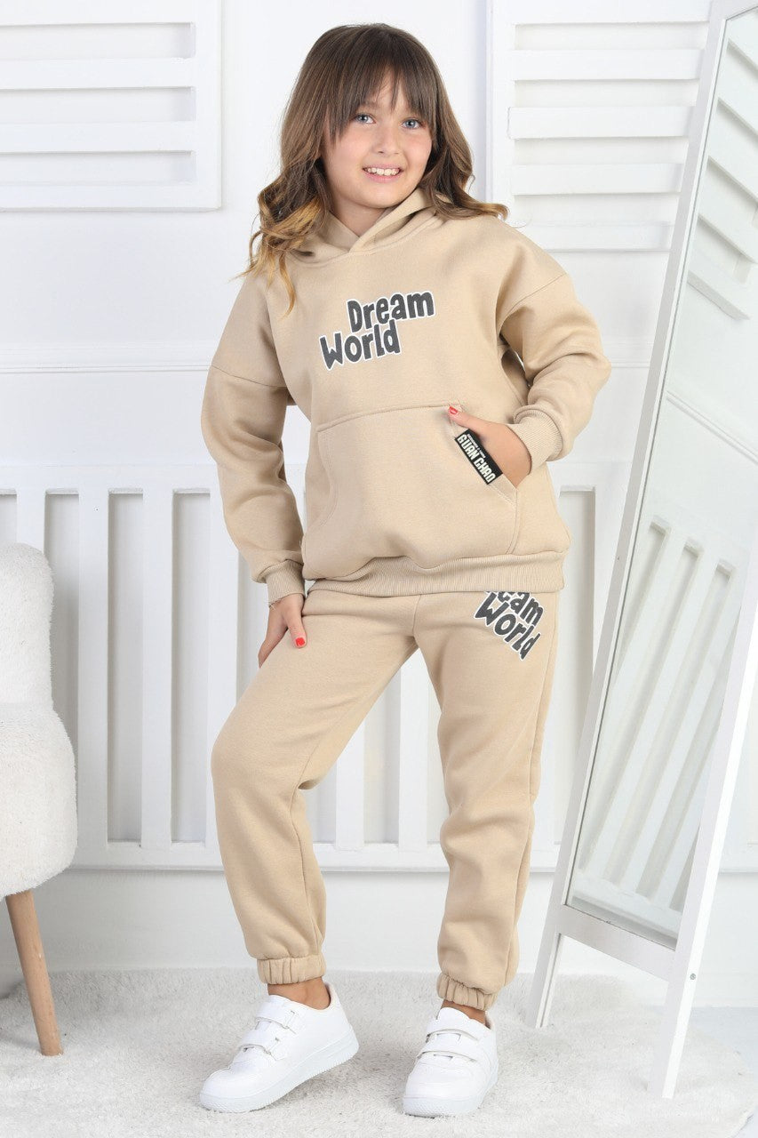 Şardonlu 3 İplik Baskılı Kapşonlu Kız Çocuk Takım