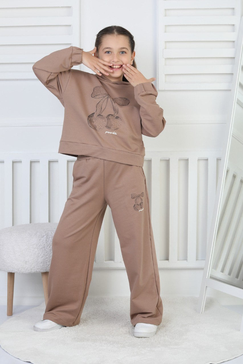 İki İplik Kapüşonlu Baskılı Kız Çocuk Takım