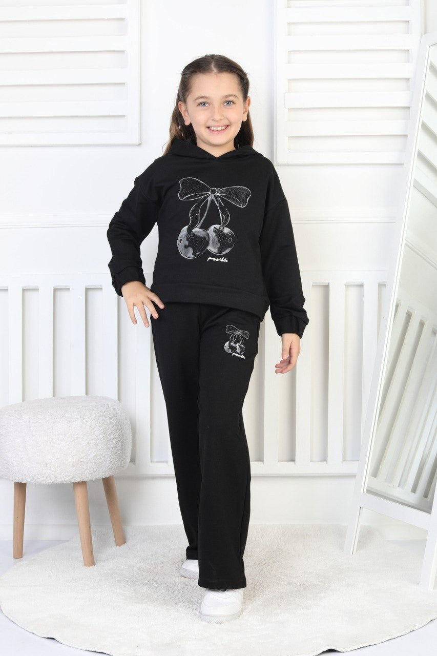 İki İplik Kapüşonlu Baskılı Kız Çocuk Takım
