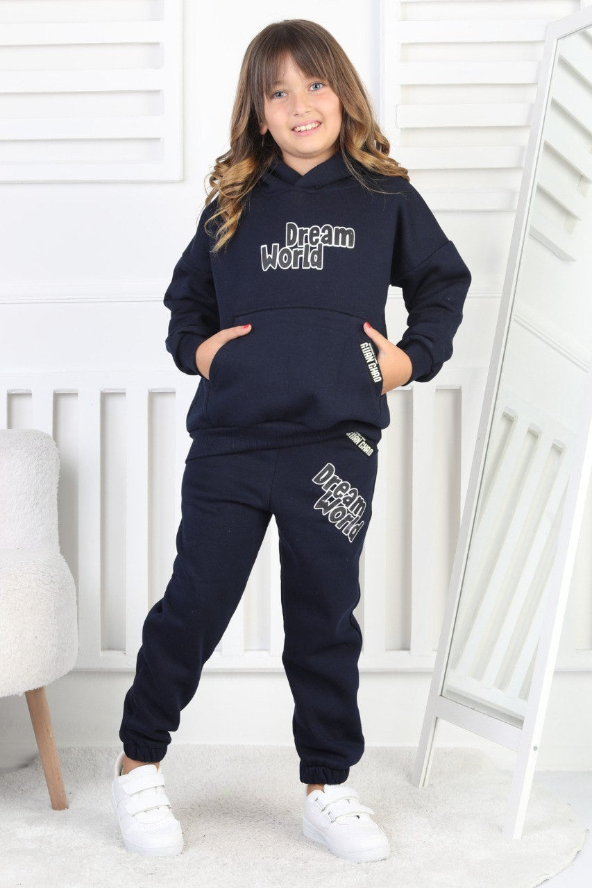 Şardonlu 3 İplik Baskılı Kapşonlu Kız Çocuk Takım