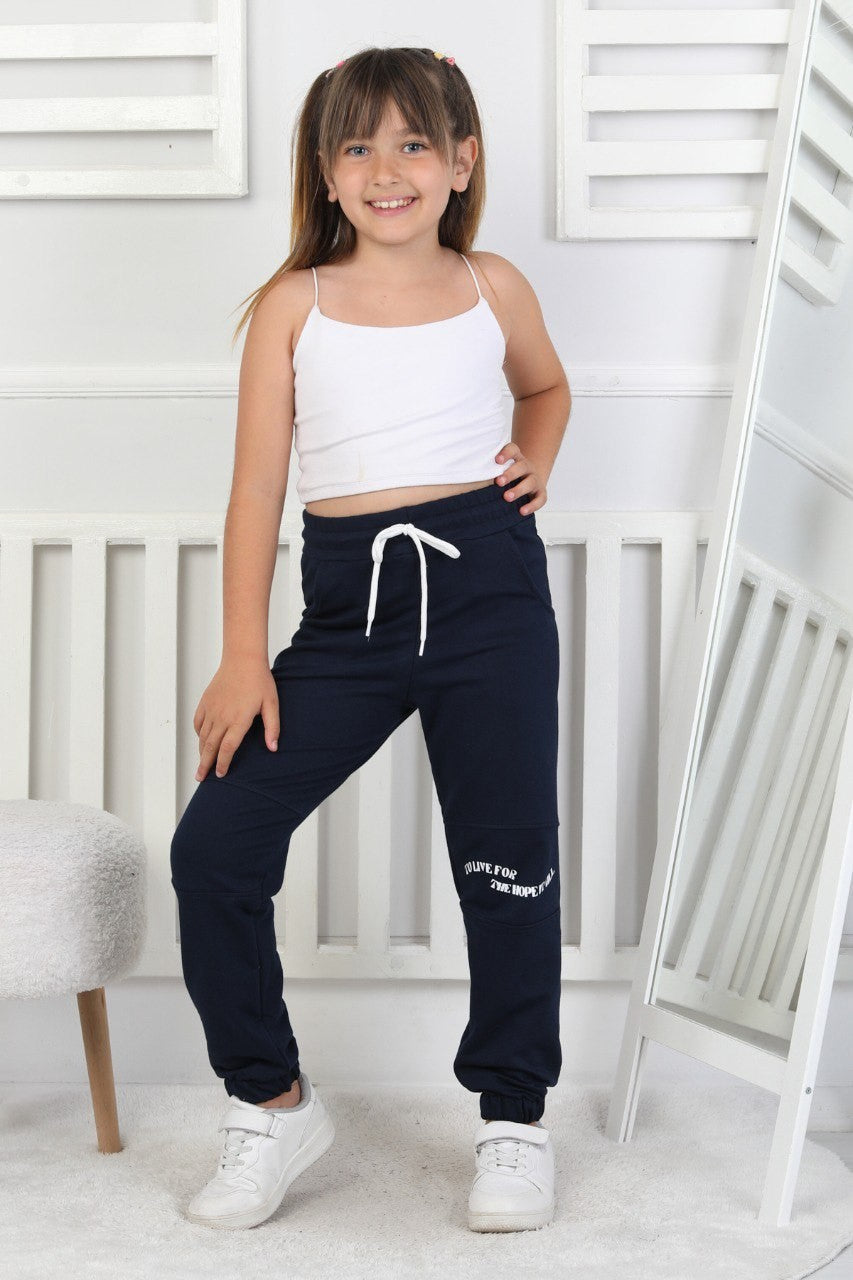 İki İplik Baskılı Kız Çocuk Lacivert Lastikli Paça Eşofman Altı