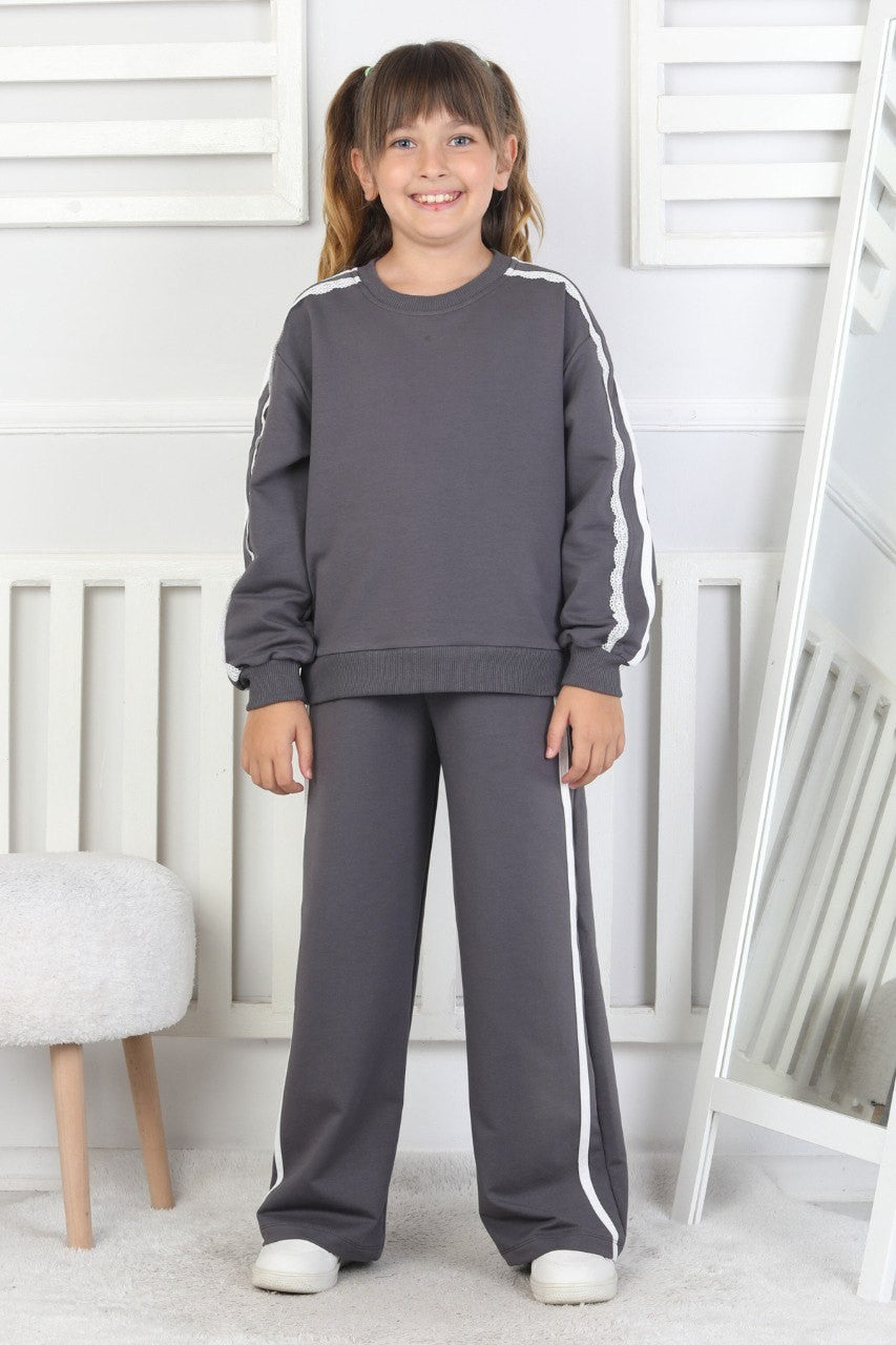 İki İplik Güpürlü Çizgili Antrasit Kız Çocuk İkili Takım