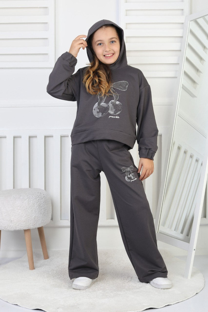 İki İplik Kapüşonlu Baskılı Kız Çocuk Takım