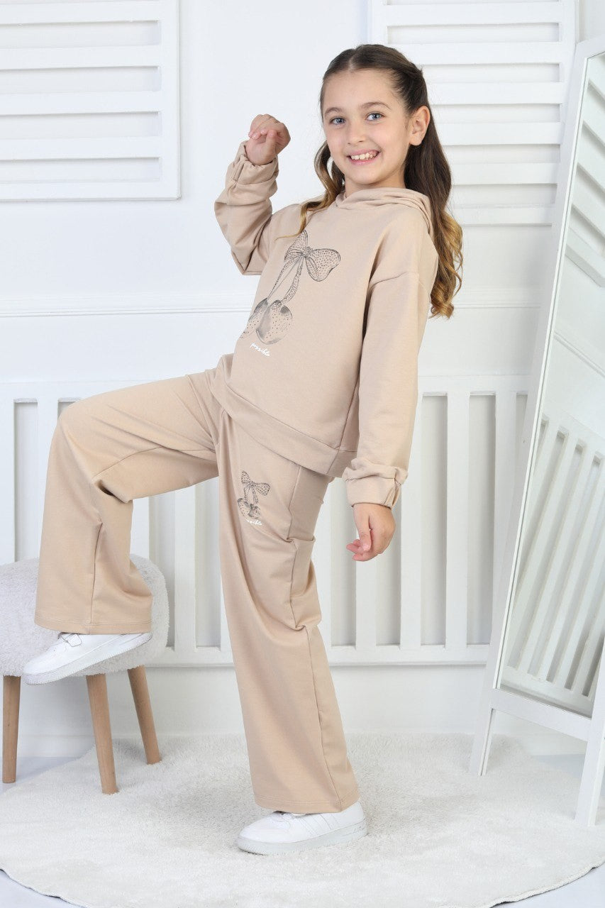 İki İplik Kapüşonlu Baskılı Kız Bej Çocuk Takım