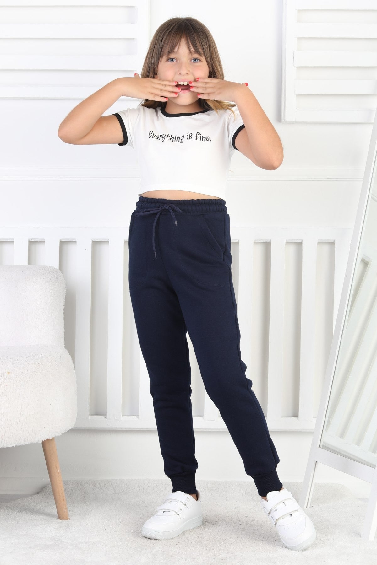 Şardonlu 3 İplik Düz Kız Çocuk Lacivert Eşofman Altı