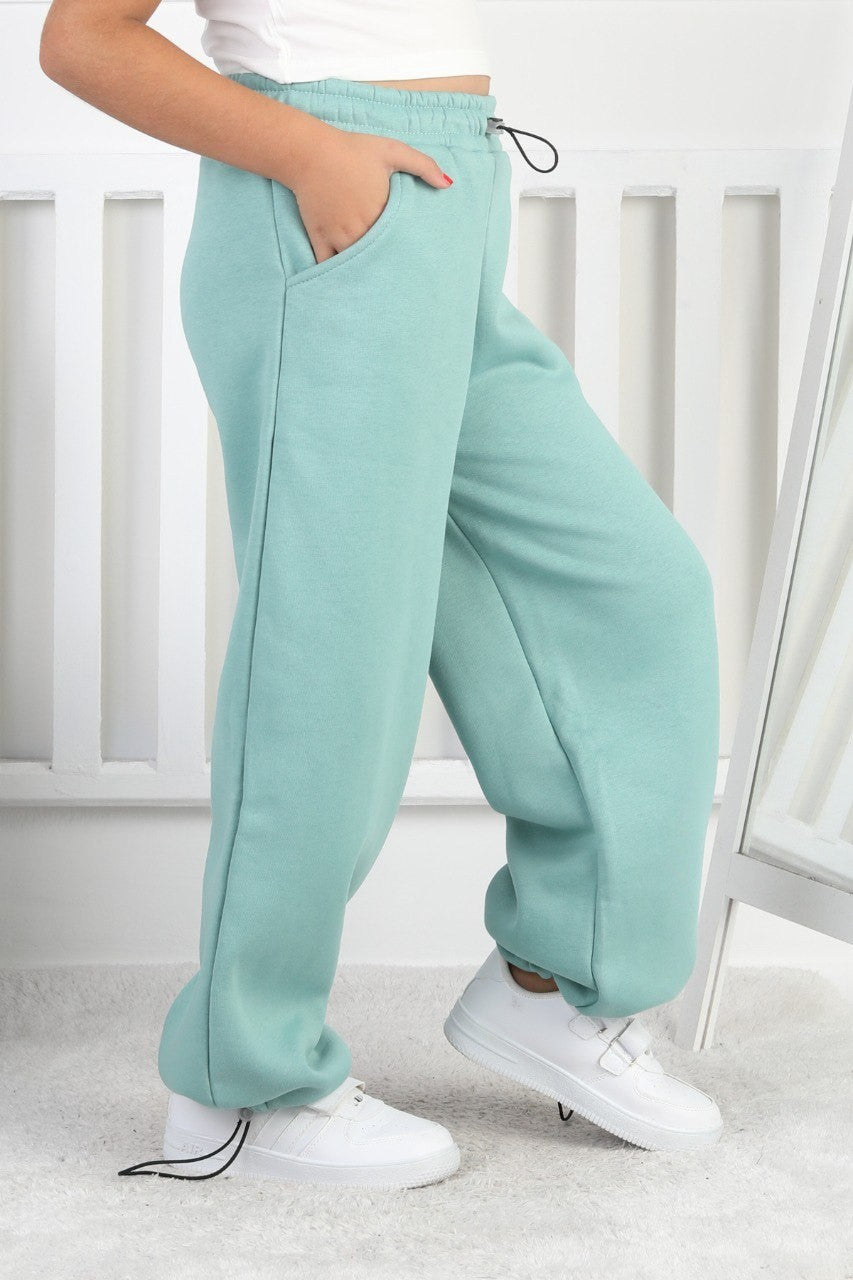 Şardonlu 3 İplik Paça Sıkmalı Kız Çocuk Yeşil Eşofman Altı