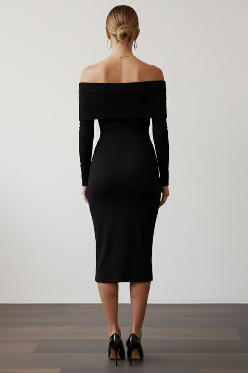 Kadın Siyah Madonna Yaka Sandy Kumaş Esnek Midi Boy Uzun Kollu Elbise