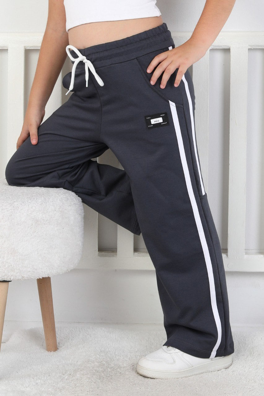 İki İplik Bol Paça Dik Çizgili Kız Çocuk Eşofman Altı