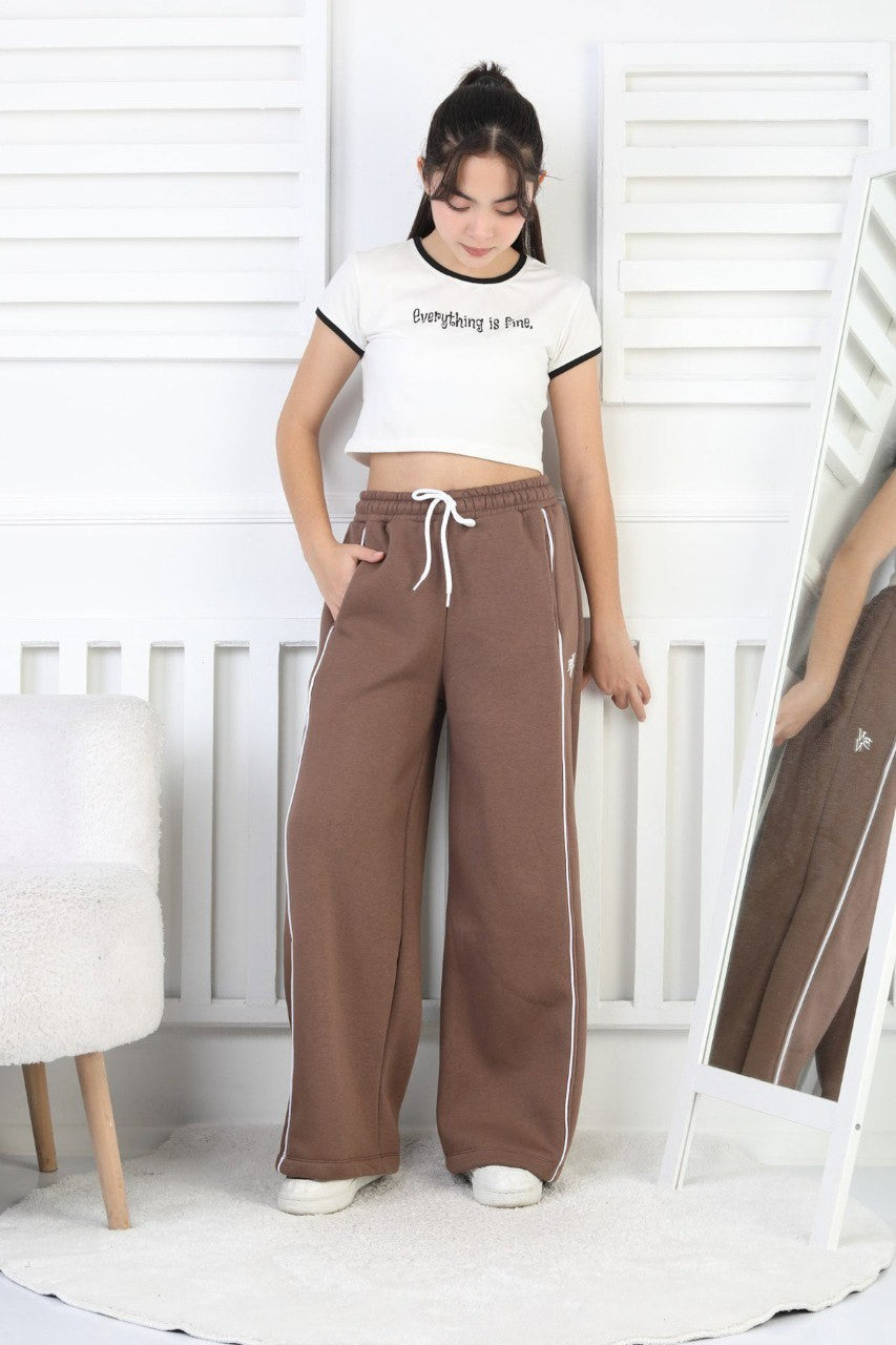 Üç İplik Şardonlu Bol Paça Tek Çizgi Kız Çocuk Eşofman Altı