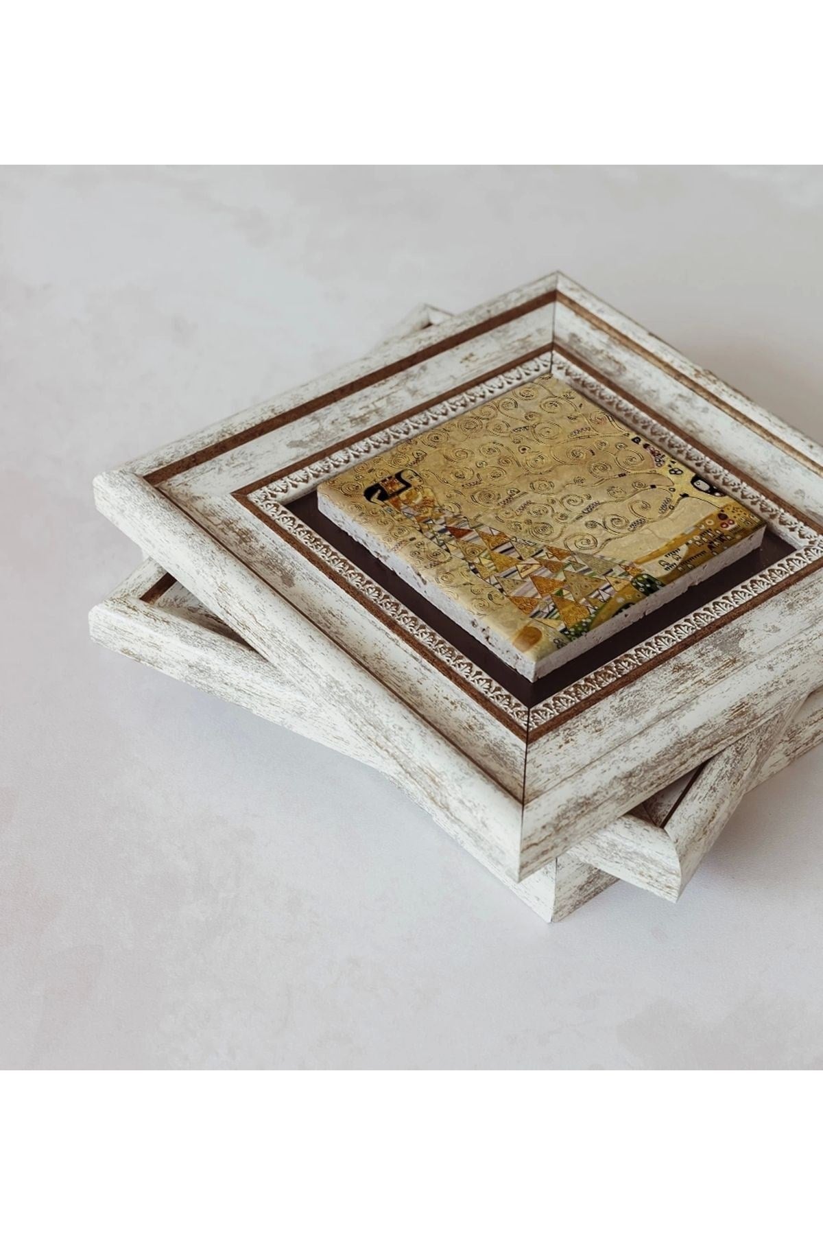 Gustav Klimt 3'lü Çerçeveli Taş Tablo , Çerçeveli Taş Duvar Dekoru 20 cm