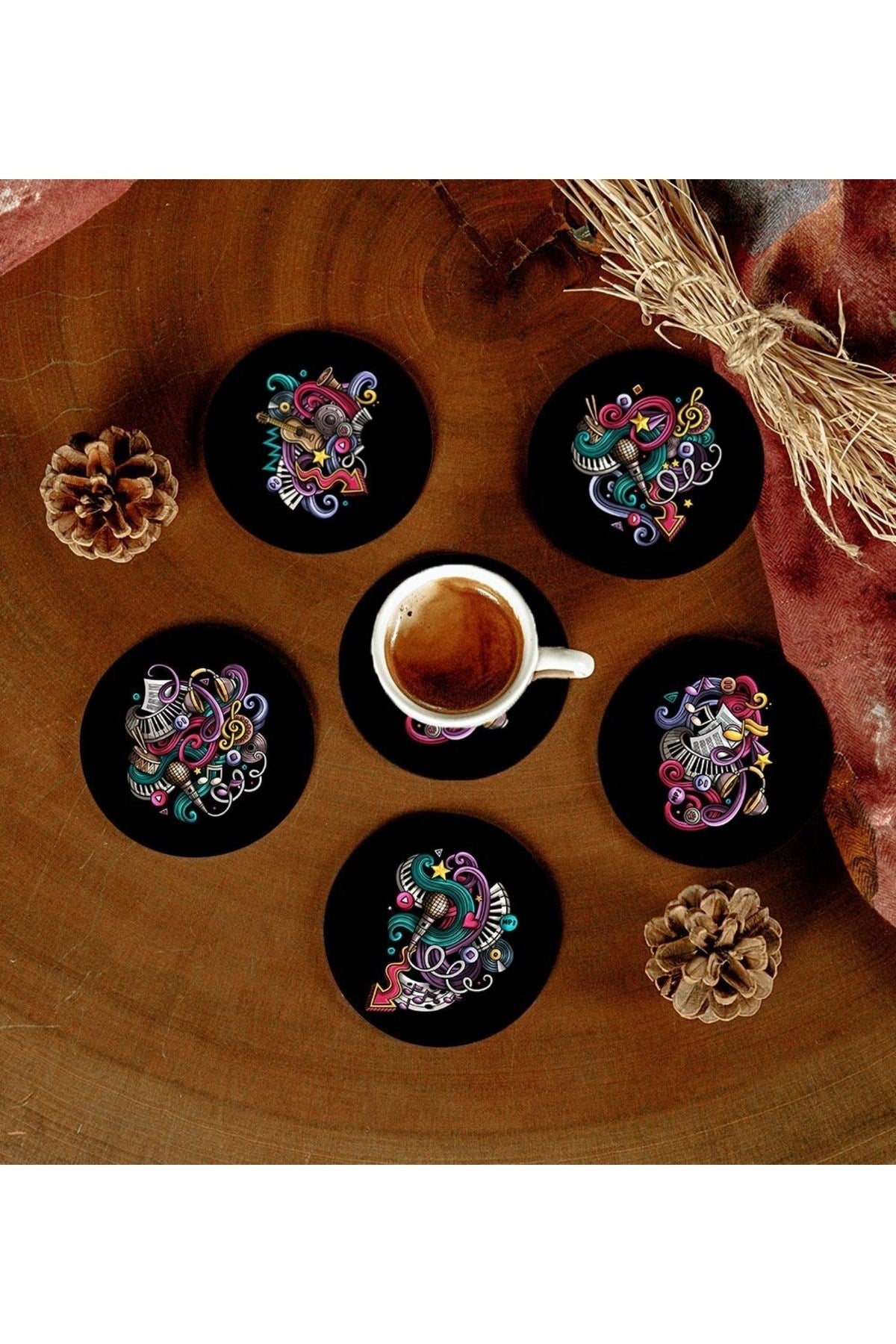 6 Adet Desenli Mdf Bardak Altlığı