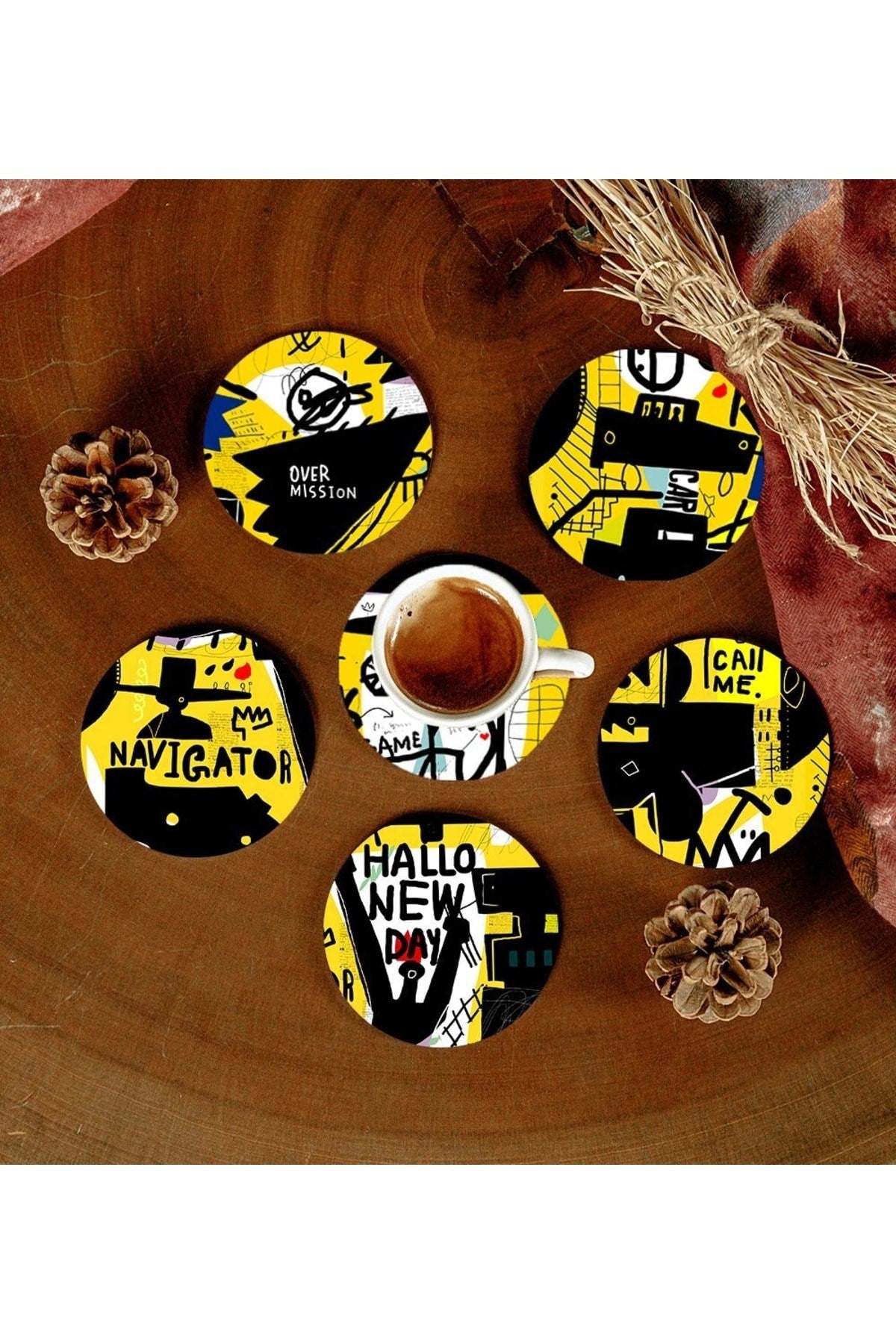 6 Adet Desenli Mdf Bardak Altlığı