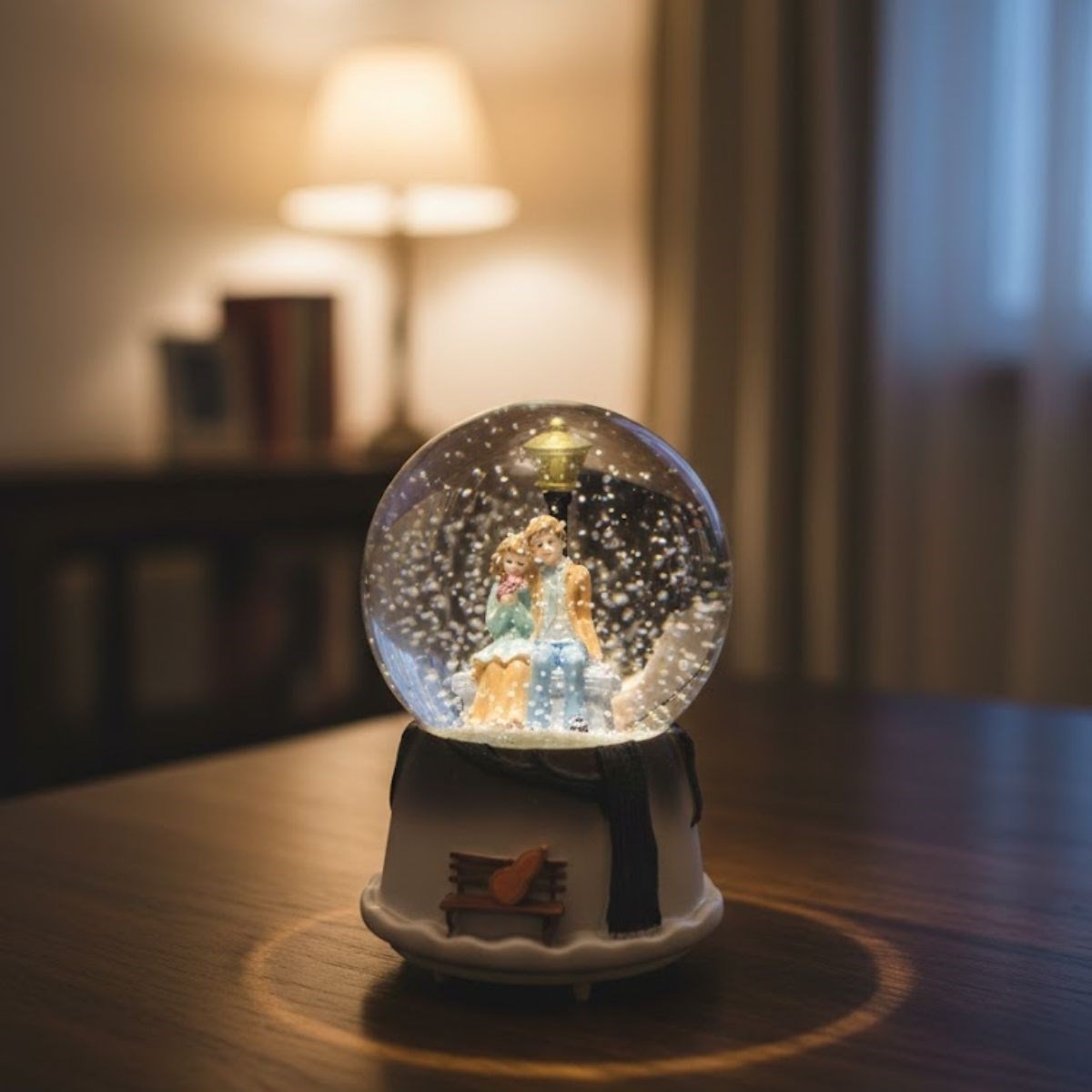 Pilli Işıklı Müzikli Kar Küresi–Kış Masalı Bankta Sevgili Figürlü Eğlenceli Masaüstü Biblo, LED Aydınlatmalı Dekoratif Hediyelik Kar Küresi