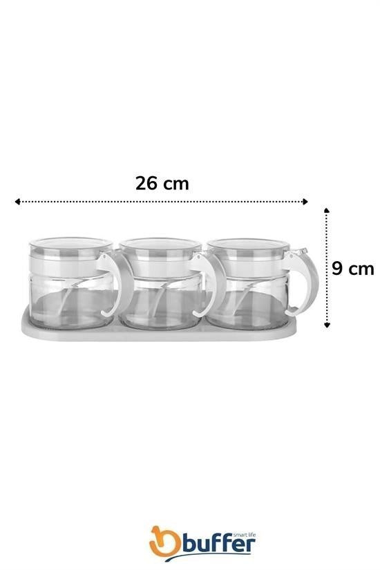 BUFFER® Beyaz 3lü Standlı Kapaklı Kaşıklı Cam Hava Sızdırmaz Baharatlık Takımı KC-386