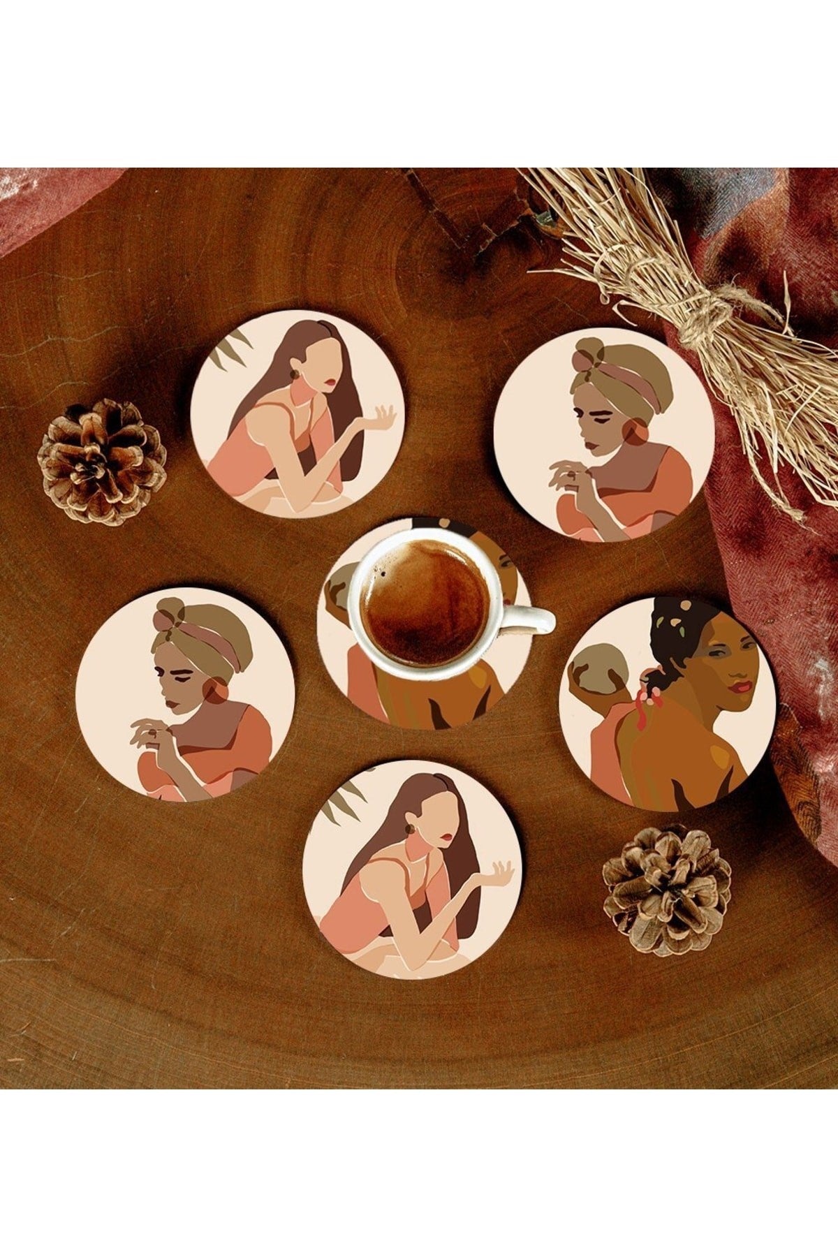 6 Adet Desenli Mdf Bardak Altlığı