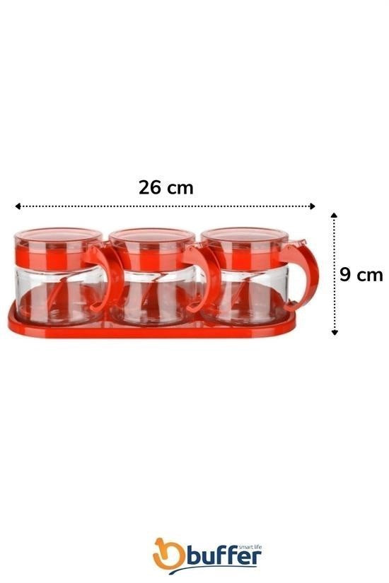 BUFFER® Kırmızı 3lü Standlı Kapaklı Kaşıklı Cam Hava Sızdırmaz Baharatlık Takımı KC-386
