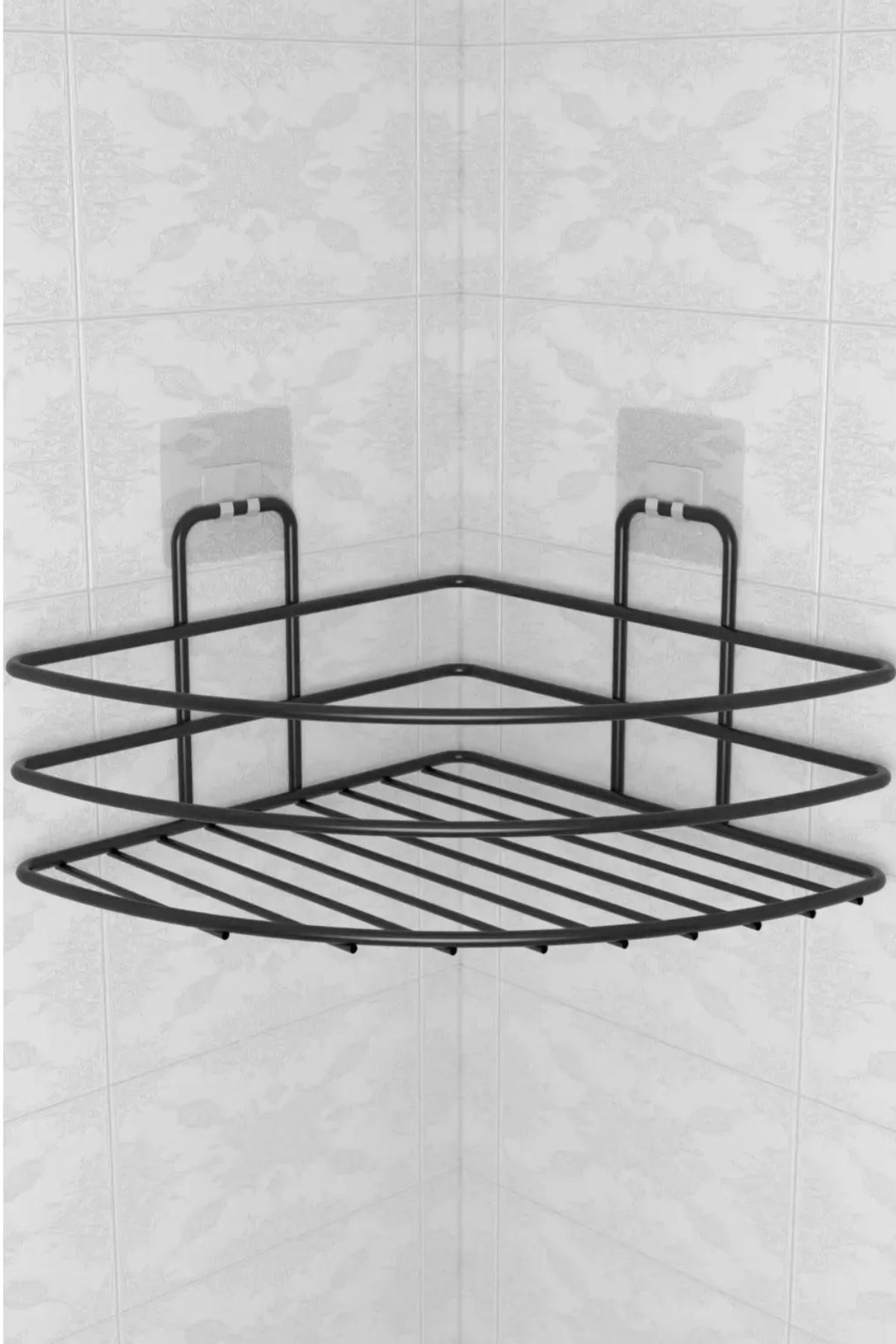 BUFFER® Kendiliğinden Yapışkanlı Montaj Gerektirmeyen Tek Katlı Banyo Askı Köşe Şampuanlık Siyah