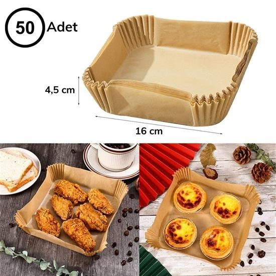 BUFFER® 100 Adet Air Fryer Pişirme Kağıdı Tek Kullanımlık Gıda Yağlı Kağıdı Kare Tabak Model