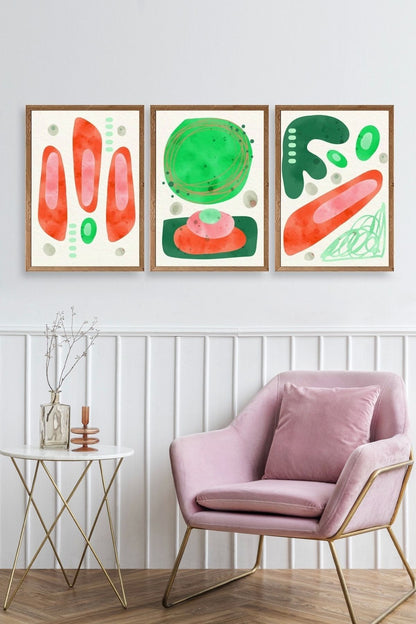 Düşündüren Şekiller Üçlü Ahşap Çerçeveli Tablo 30 x 42