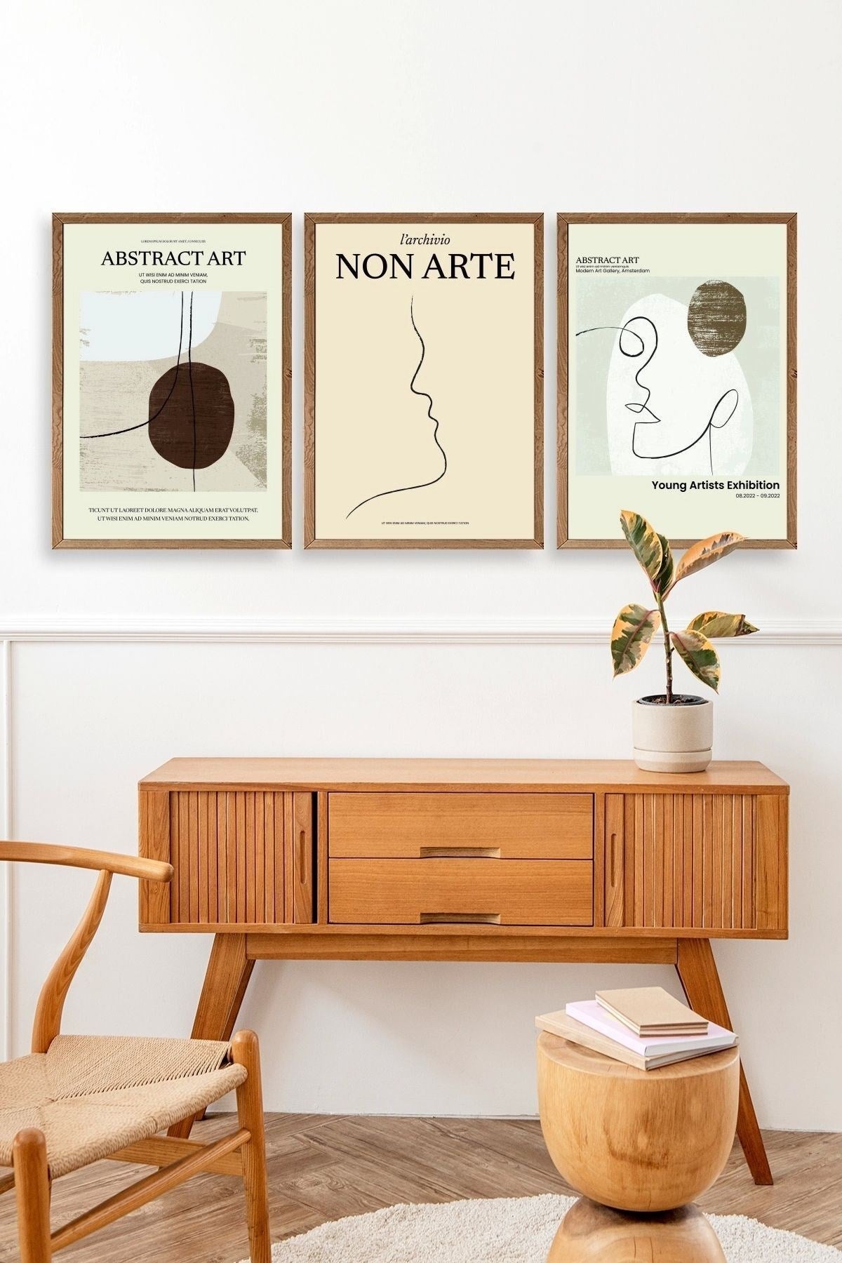 Soyut Sanat Üçlü Ahşap Çerçeveli Tablo 23 x 30