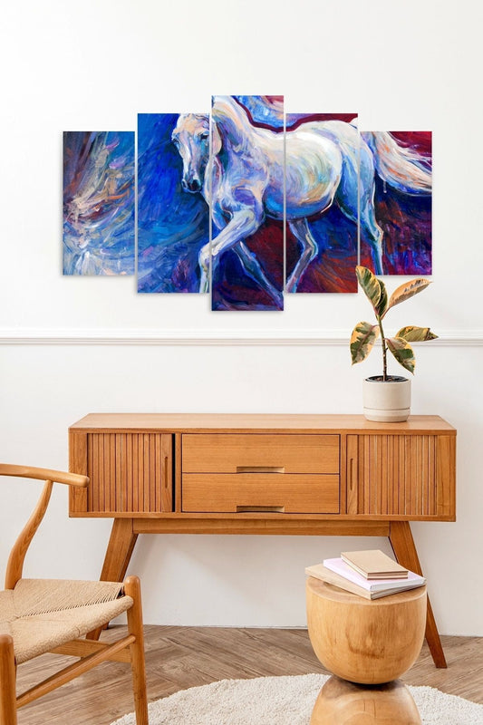 Beyaz At Manzara 5 Parçalı Mdf Tablo 60 x 100