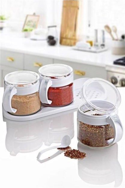 BUFFER® Beyaz 3lü Standlı Kapaklı Kaşıklı Cam Hava Sızdırmaz Baharatlık Takımı KC-386