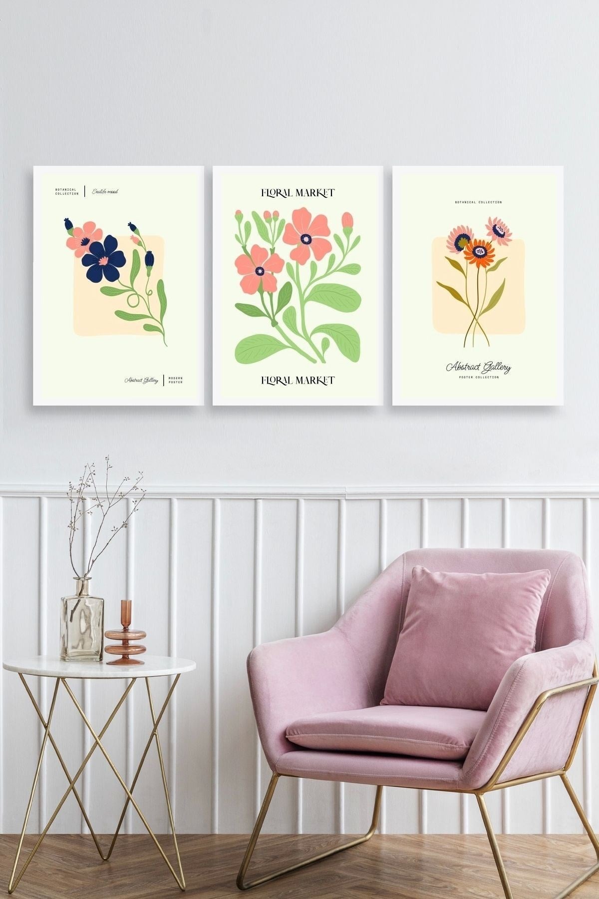 Flower Market Üçlü Ahşap Çerçeveli Tablo 23 x 30