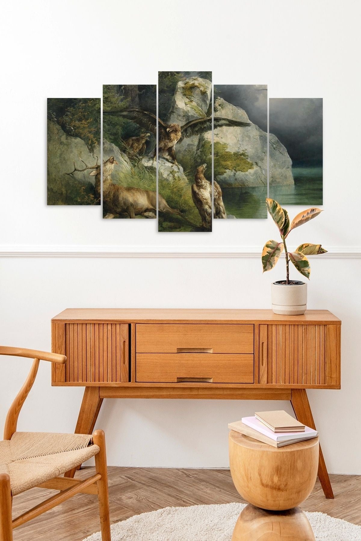 Kartal ve Geyikler 5 Parçalı Mdf Tablo 60 x 100