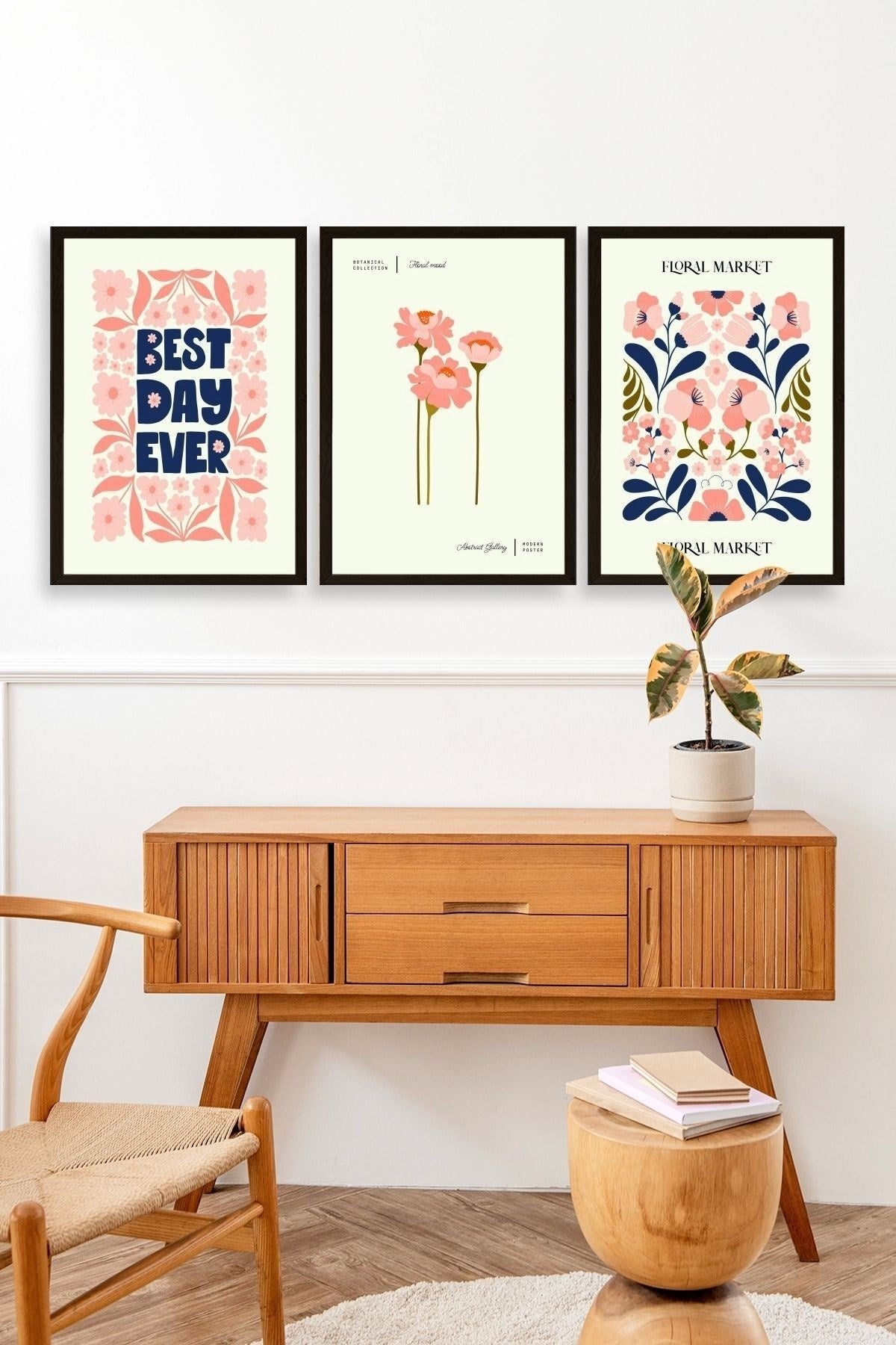 Flower Market Üçlü Ahşap Çerçeveli Tablo 50 x 70